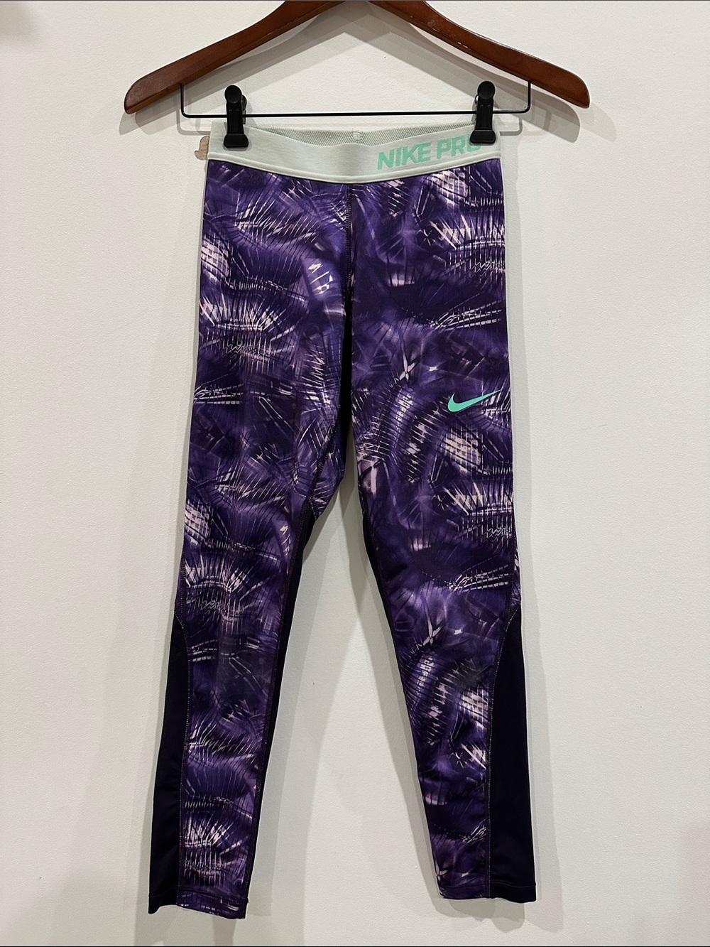 Nike Purple Printed Girls' Athletic Leggings with Teal Swoosh
